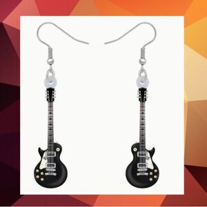 Electric Guitar Dangle Earrings Black White 1.7"